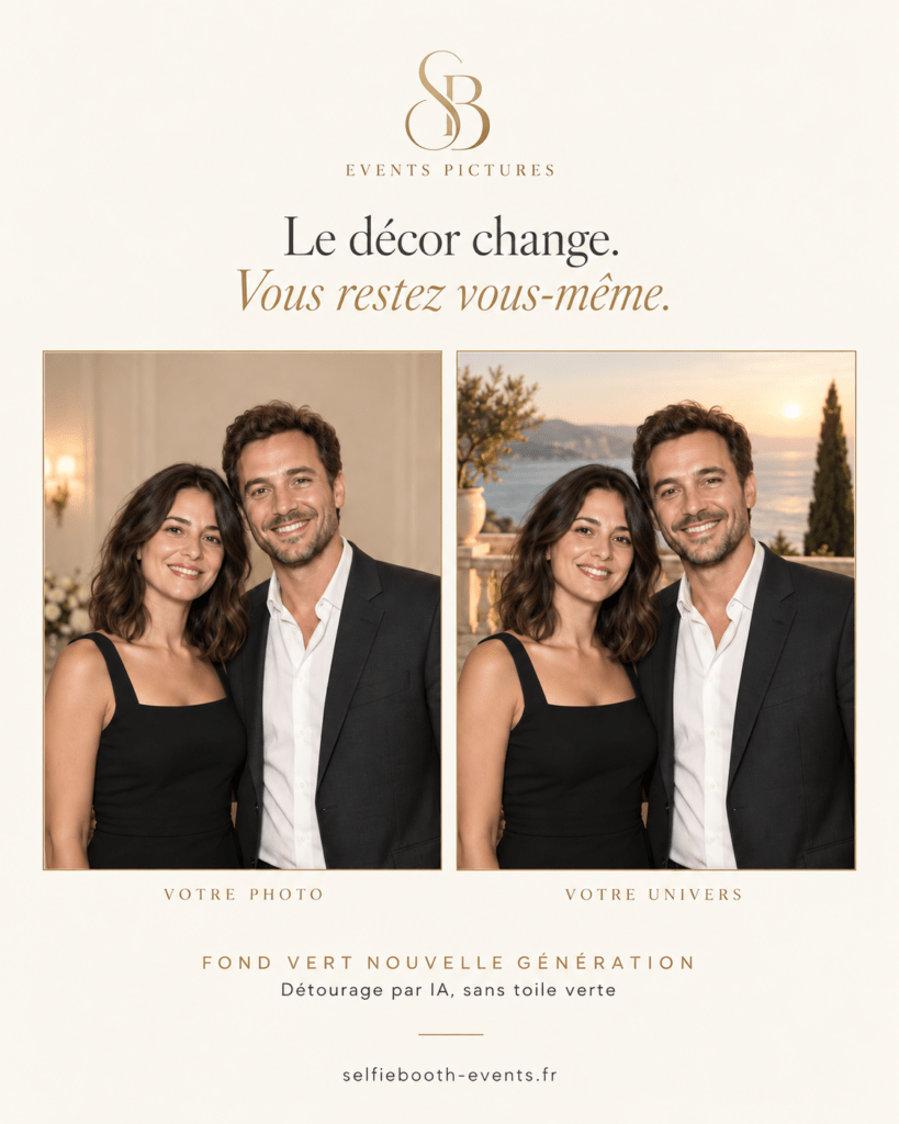 Photobooth SB Events Pictures : un couple conserve son apparence avec un arrière-plan remplacé par détourage IA.