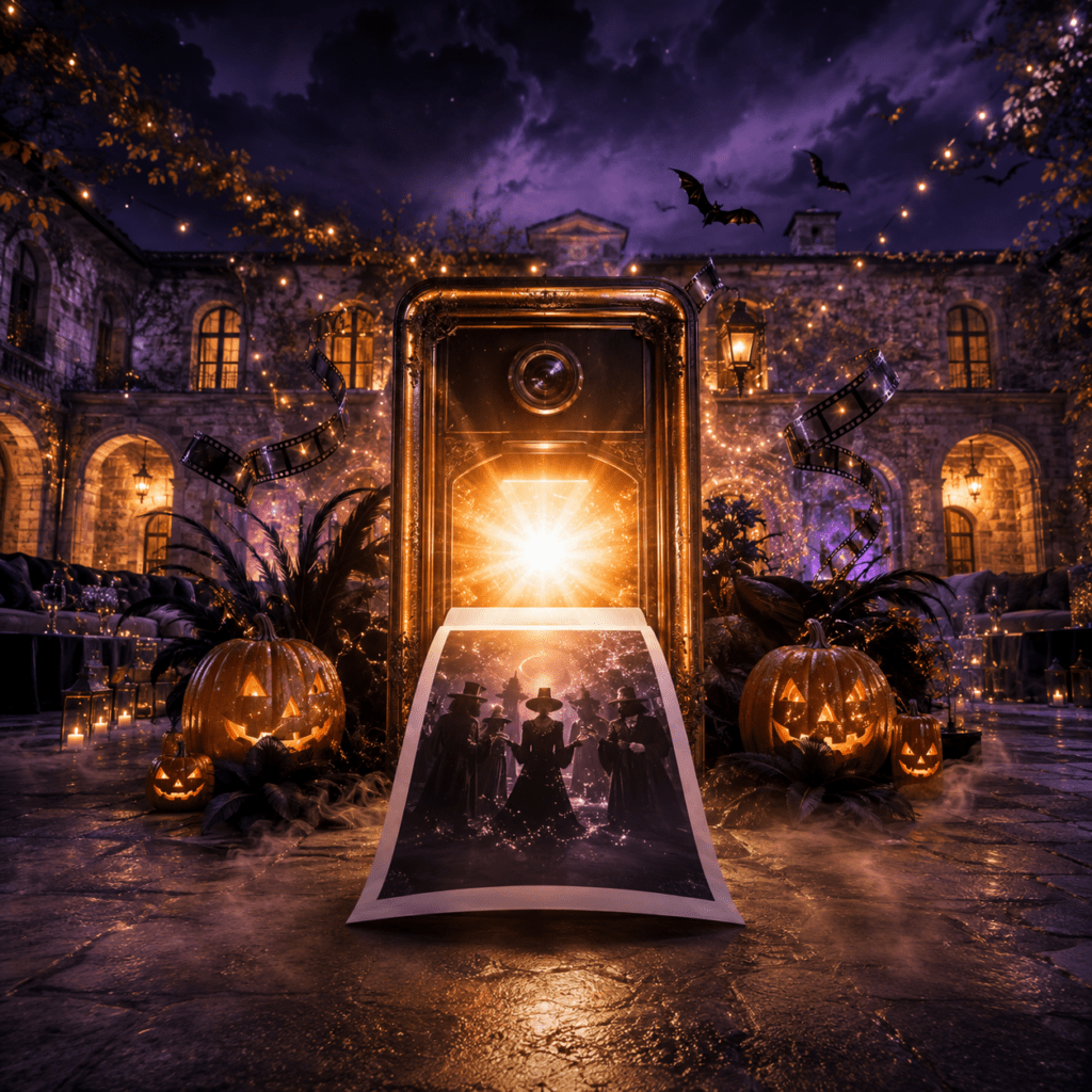 Photobooth Halloween dans un décor cinématographique violet, orange et or en Provence